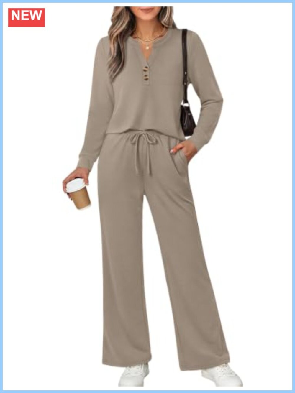 WIHOLL Two Piece Lounge Set Notched V-Neck Wide-Leg Pants Travel Casual